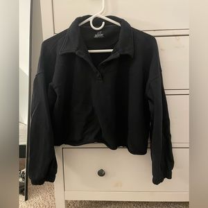 Aerie Cropped Collared Sweatshirt—Black Size S